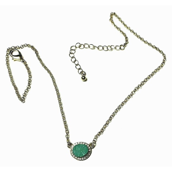 Charming Charlie Green Faux Druzy Necklace Stone Gold Tone with Rhinestones - Picture 3 of 6